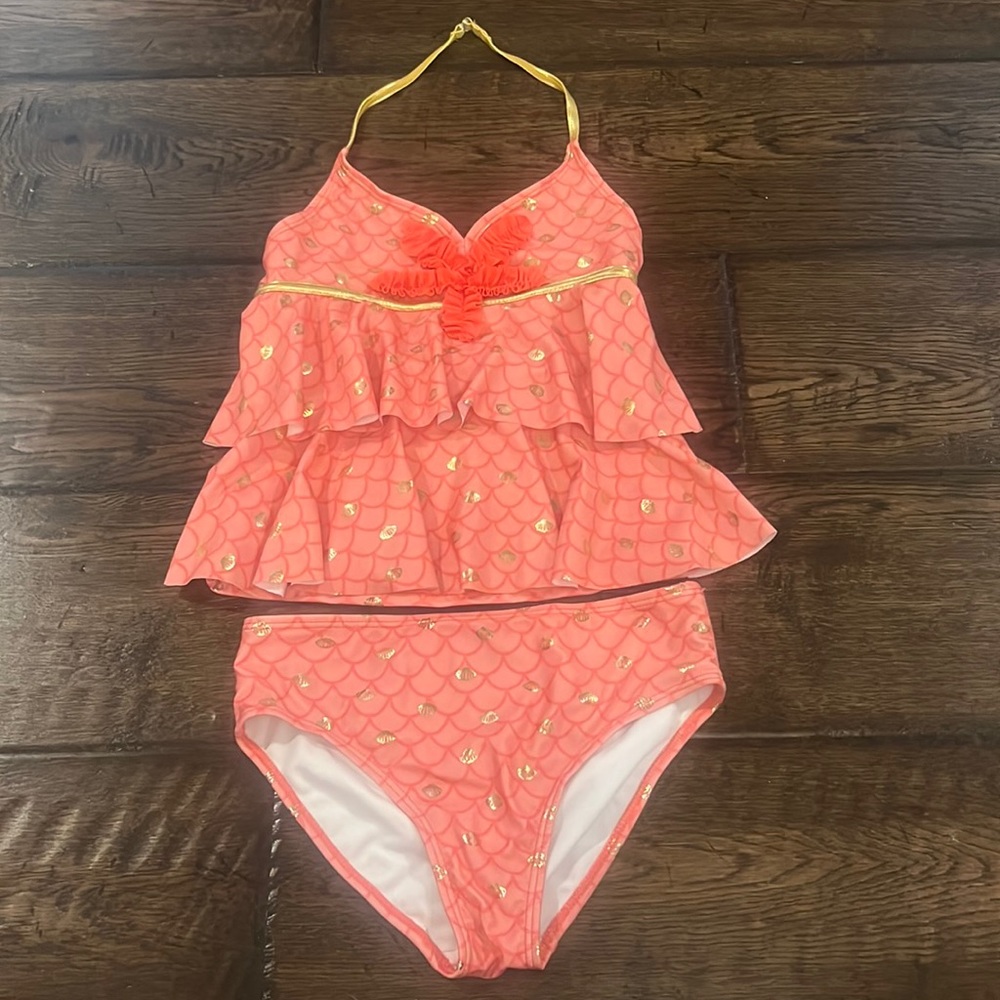 Jantzen girls mermaid scale seashell shell ruffle tankini 12 gold coral